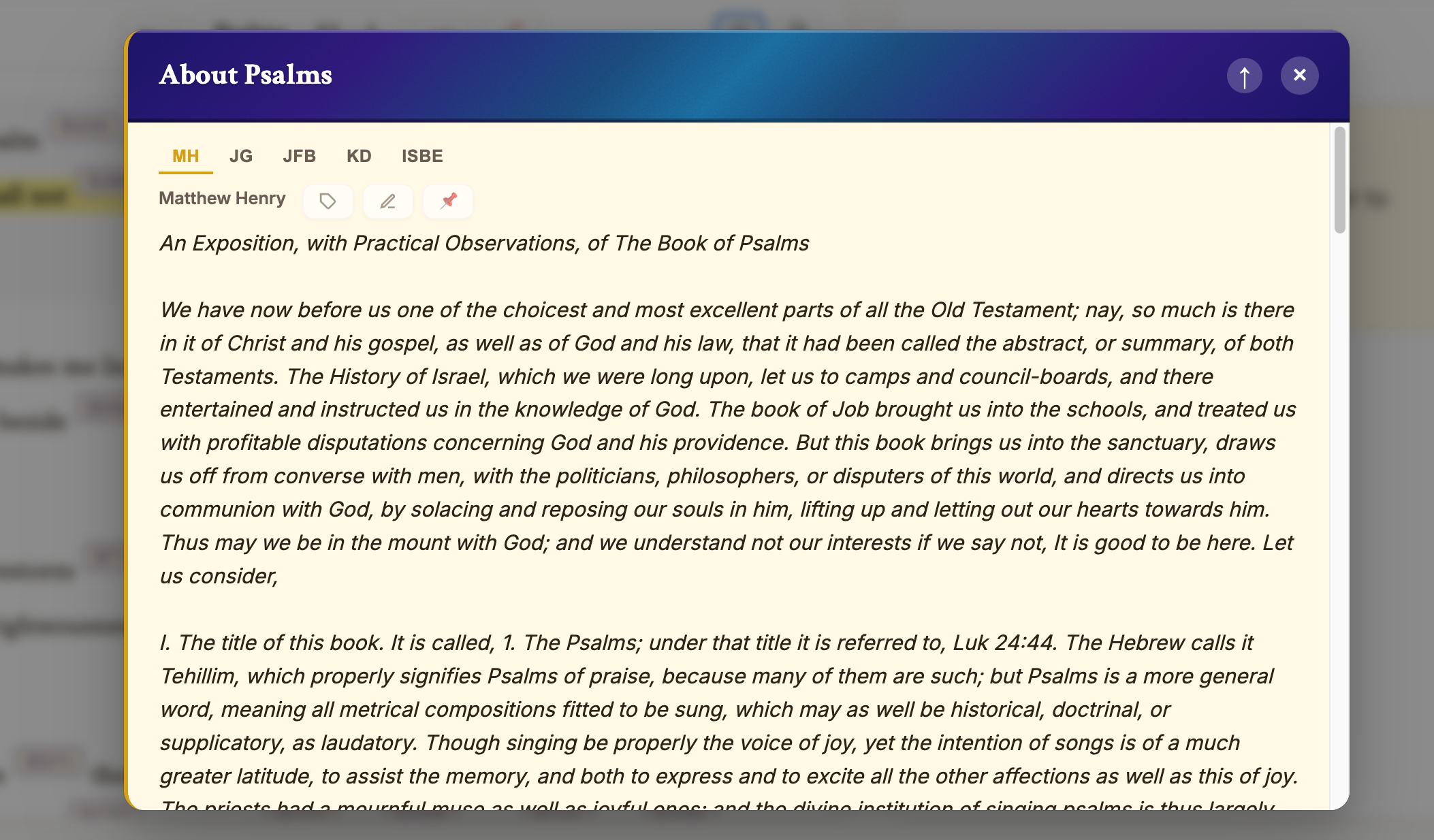 The About Psalms overlay with source tabs (MH, JG, JFB, KD, ISBE) showing Matthew Henry's introduction to the Book of Psalms