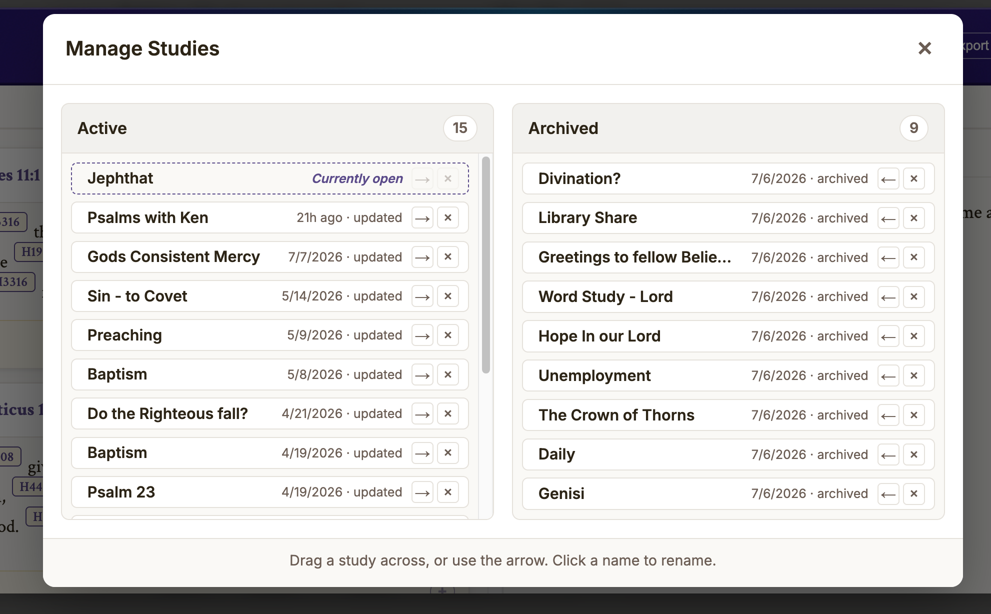 The Manage Studies modal with Active and Archived columns, each study showing a move-arrow and a delete button