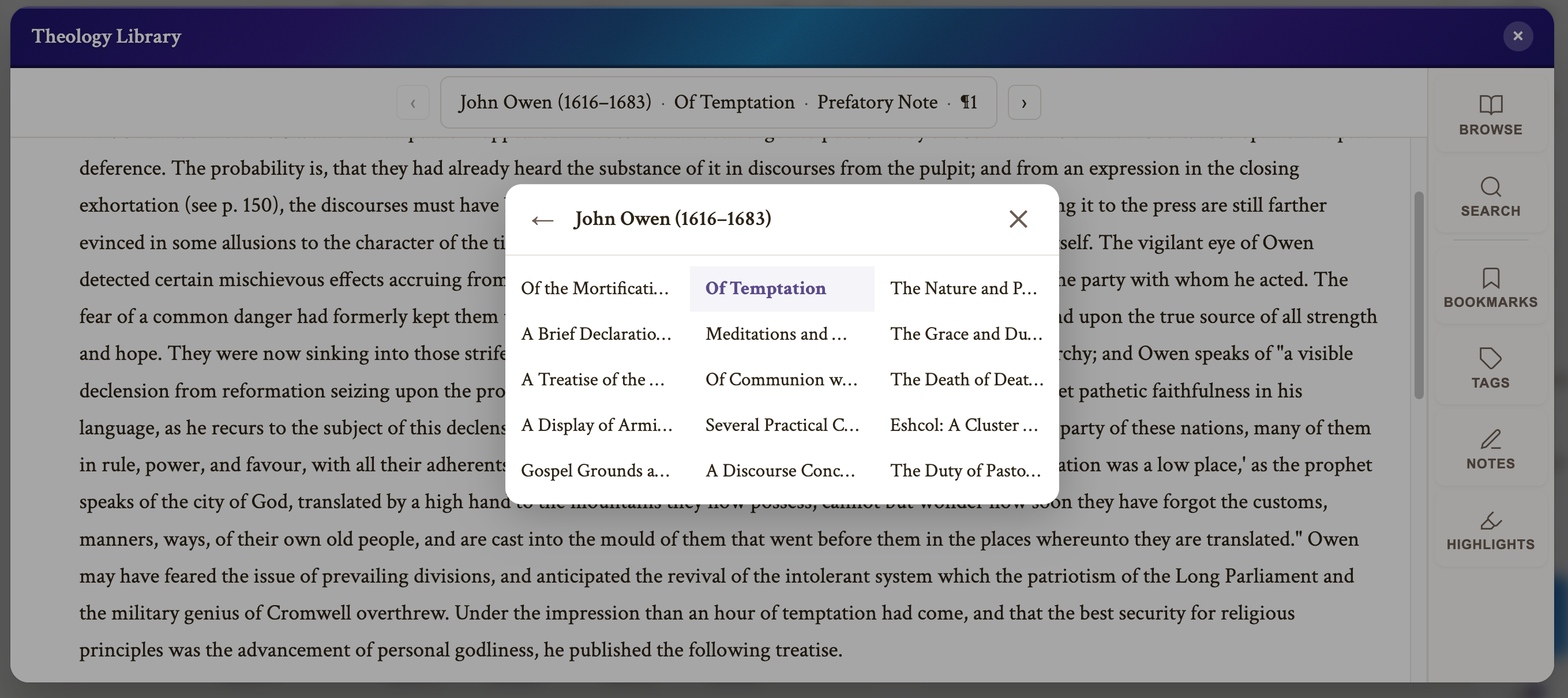 The Theology Library modal showing John Owen's works in a picker, an open treatise in the reading pane, and Browse, Search, Bookmarks, Tags, Notes, and Highlights tools down the side