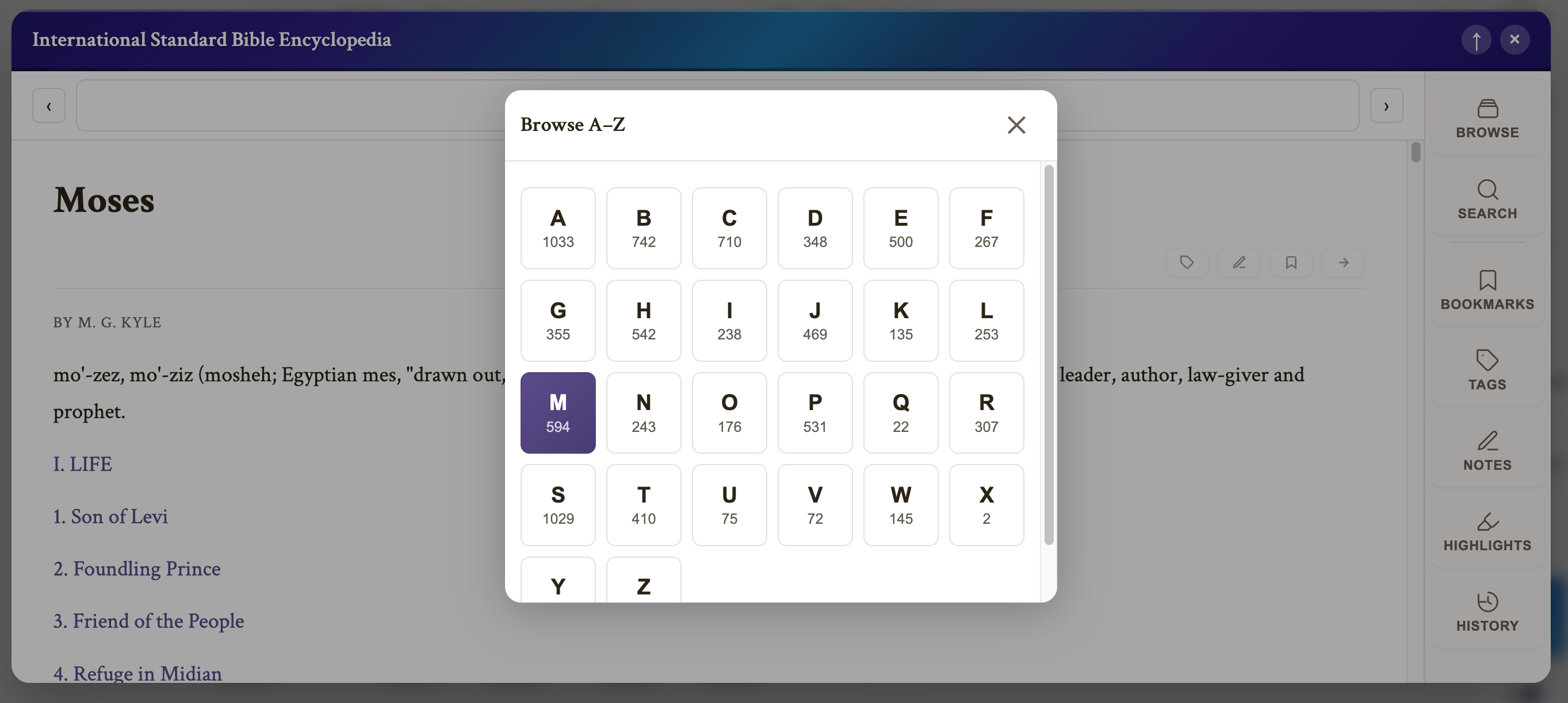 The ISBE modal showing the Moses article open, a Browse A-Z grid with per-letter article counts, and Browse, Search, Bookmarks, Tags, Notes, Highlights, and History tools down the side