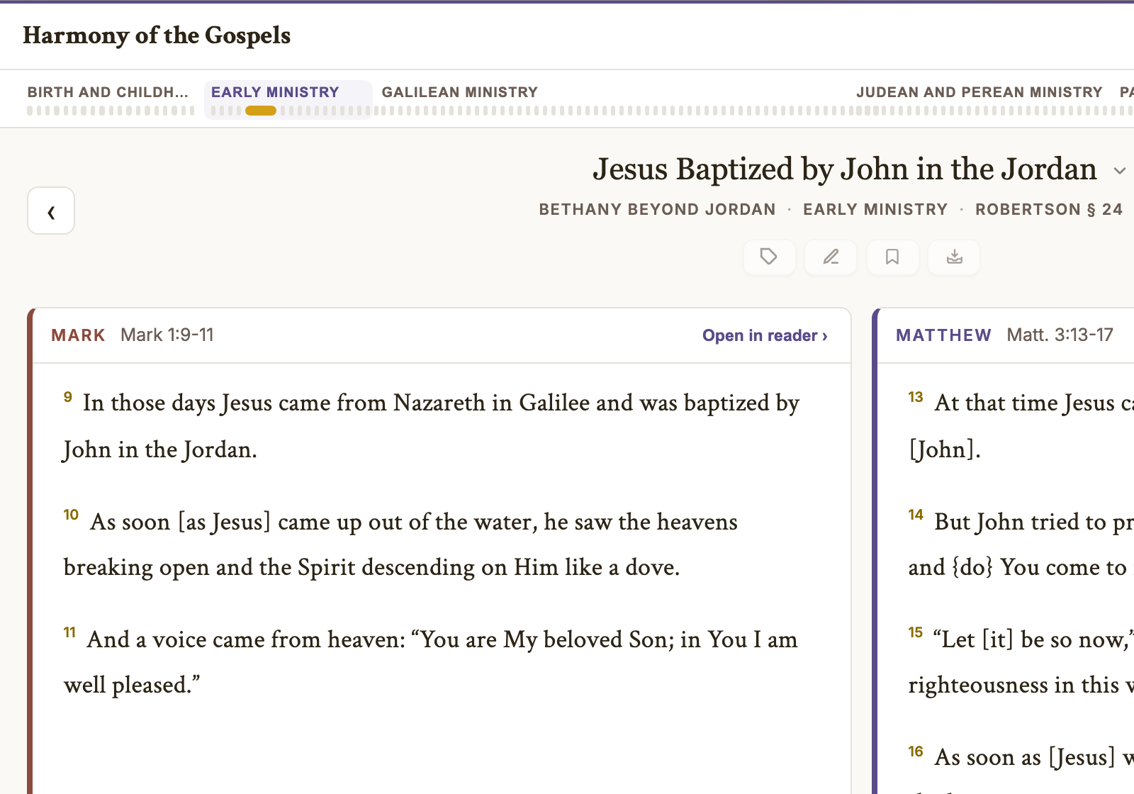 The Harmony of the Gospels showing the Baptism of Jesus — Matthew, Mark, Luke, and John side by side with the event timeline ribbon above